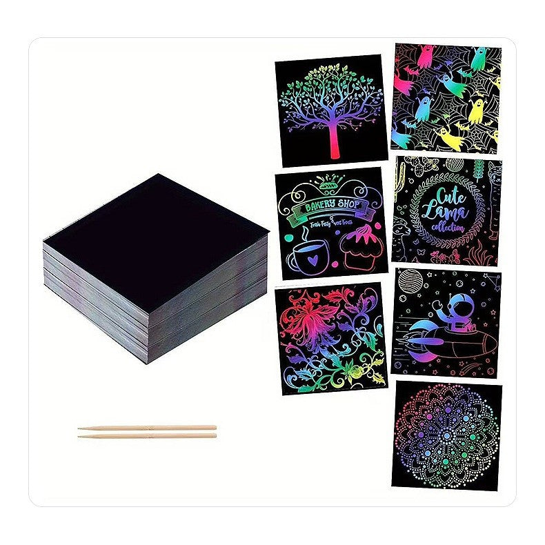 Set 100 De Foi De Hartie De Razuit, Cu Creion Din Bambus, Pentru Desen, Curcubeu