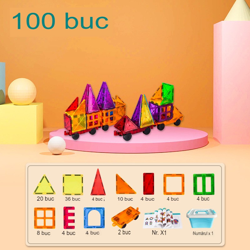 100-piece magnetic building block set, Vivimall, magnetic bricks, large, geometric shapes, 3 years old, ABS, magnets, 27.5*21.5*17 cm, multi-color