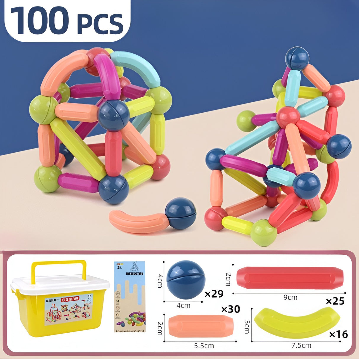 Set 100 Piese Magnetice de Constructie, Flippy, Magnetic Sticks, Bastonase si Bile, 3 Ani, ABS, Magnet, 24 x 18.5 x 14 cm, Multicolor