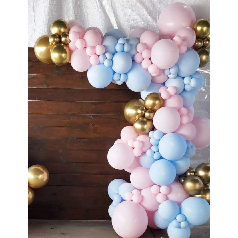 Baloane decorative pentru BABY SHOWER, Vivimall, Arcada Set 106 baloane din latex, Model Petrecere, Baloane Party, 12 cm, 30 cm, 45 cm, Roz, Albastru, Gold