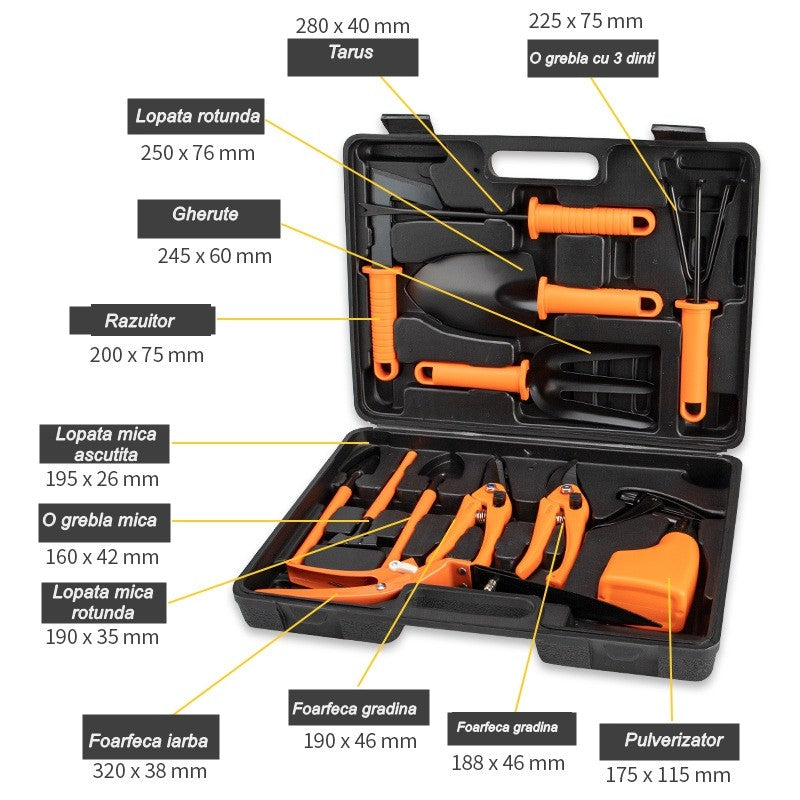 Set 12 Accesorii Pentru Gradinarit Geanta Depozitare Inclusa, Otel Inoxidabil, 37 X 27 Cm, Portocaliu - vivimall.ro