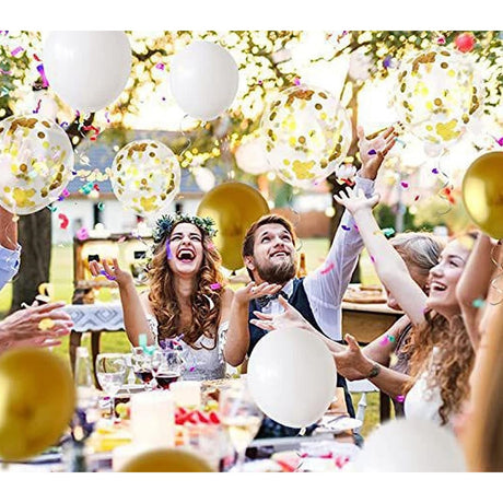 Set 12 Baloane din Folie Metalizata si din Latex, Vivimall, Model Mr Mrs, Tema Nunta, Baloane Party cu Confetti, 45 cm, 30 cm, Pai inclus, Umflare cu Aer sau Heliu, Alb/Auriu - vivimall.ro