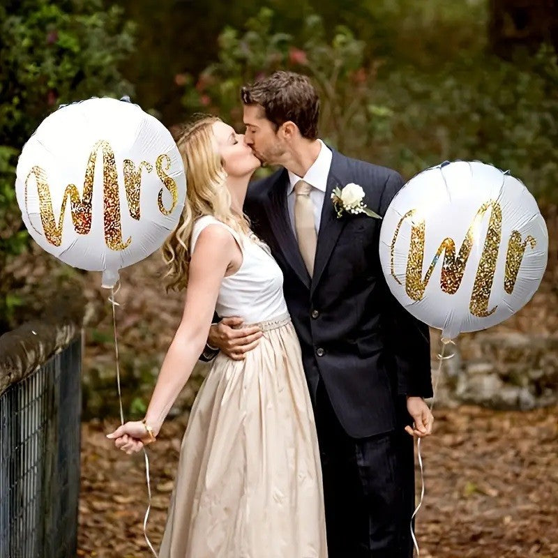 Set 12 Baloane Din Folie Metalizata Si Din Latex, Tema Nunta, Baloane Party Cu Confetti, 45 Cm, 30 Cm, Pai Inclus, Umflare Cu Aer Sau Heliu, Alb/ - vivimall.ro