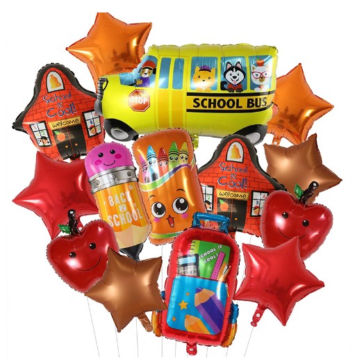 Baloane decorative Back to School, Flippy, Set MIX 12 baloane, Autobuz Mere Stele Rechizite, din folie de aluminiu, 40 x 80 cm, Adeziv si pai inclus, Rosu Multicolor