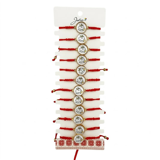 Brățară mărțișor Jolie model unicorn, set 12 bucăți, pandantiv auriu multicolor și șnur roșu împletit