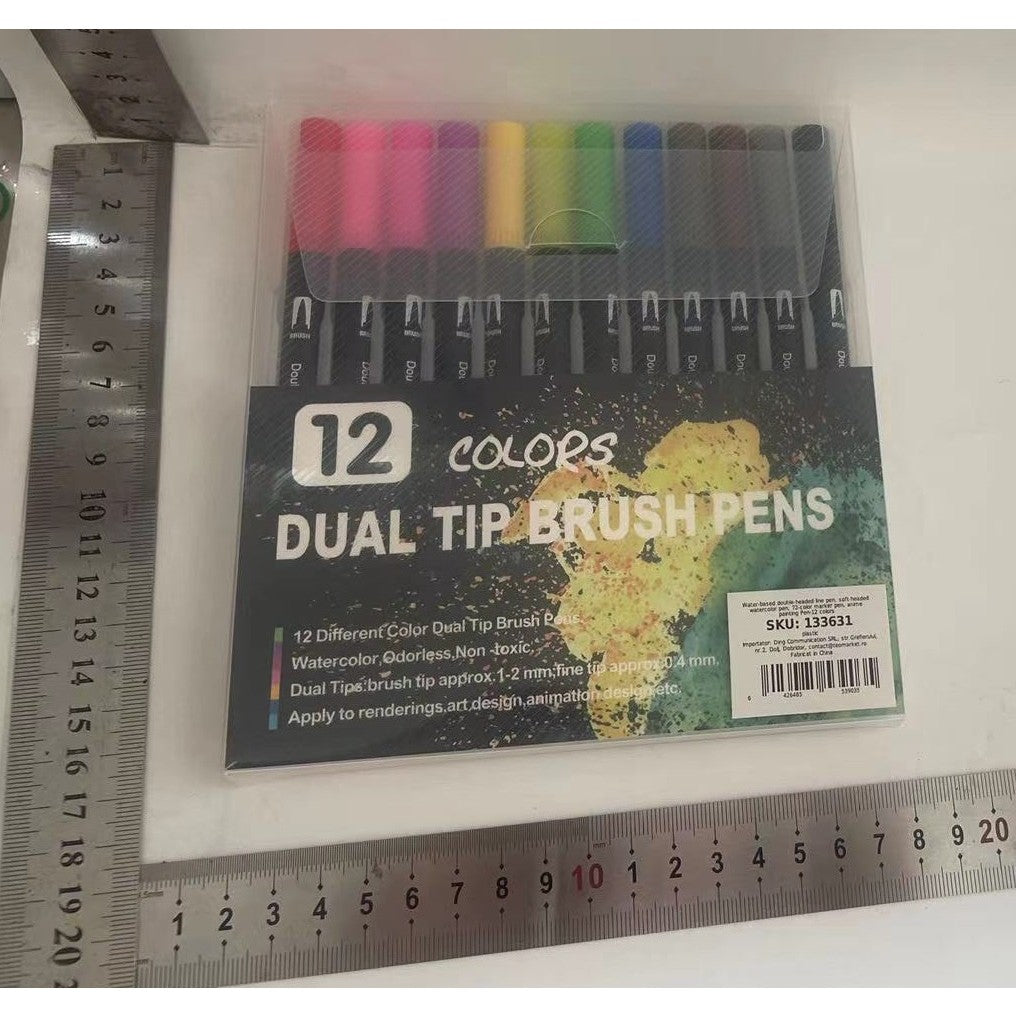 Set 12 Carioci, Pe Baza De Apa, 2 Tipuri De Varf, 1-2 Mm, 0.4 Mm, Corp Carioca Negru, Din Plastic - vivimall.ro