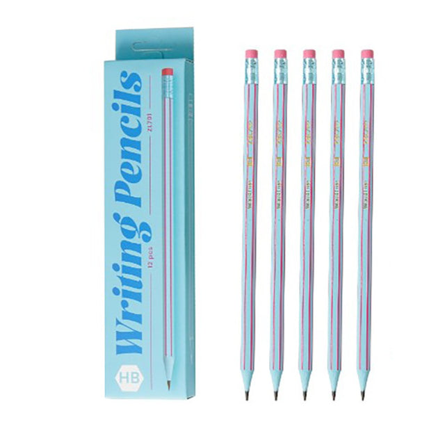 Set 12 Creioane Negre, Vivimall, HB, pentru Scoala, cu Radiera, Model Albastru Deschis-Roz, 19 cm - vivimall.ro