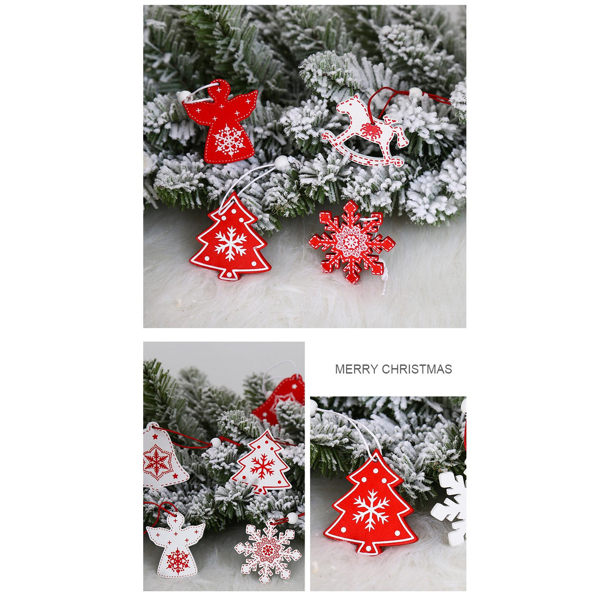 Set 12 Decoratiuni De Craciun Din Lemn, Cu Snur Pentru Agatare In Brad, -Rosu - vivimall.ro