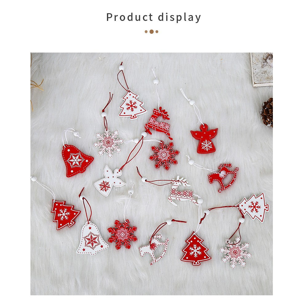 Set 12 Decoratiuni De Craciun Din Lemn, Cu Snur Pentru Agatare In Brad, -Rosu - vivimall.ro