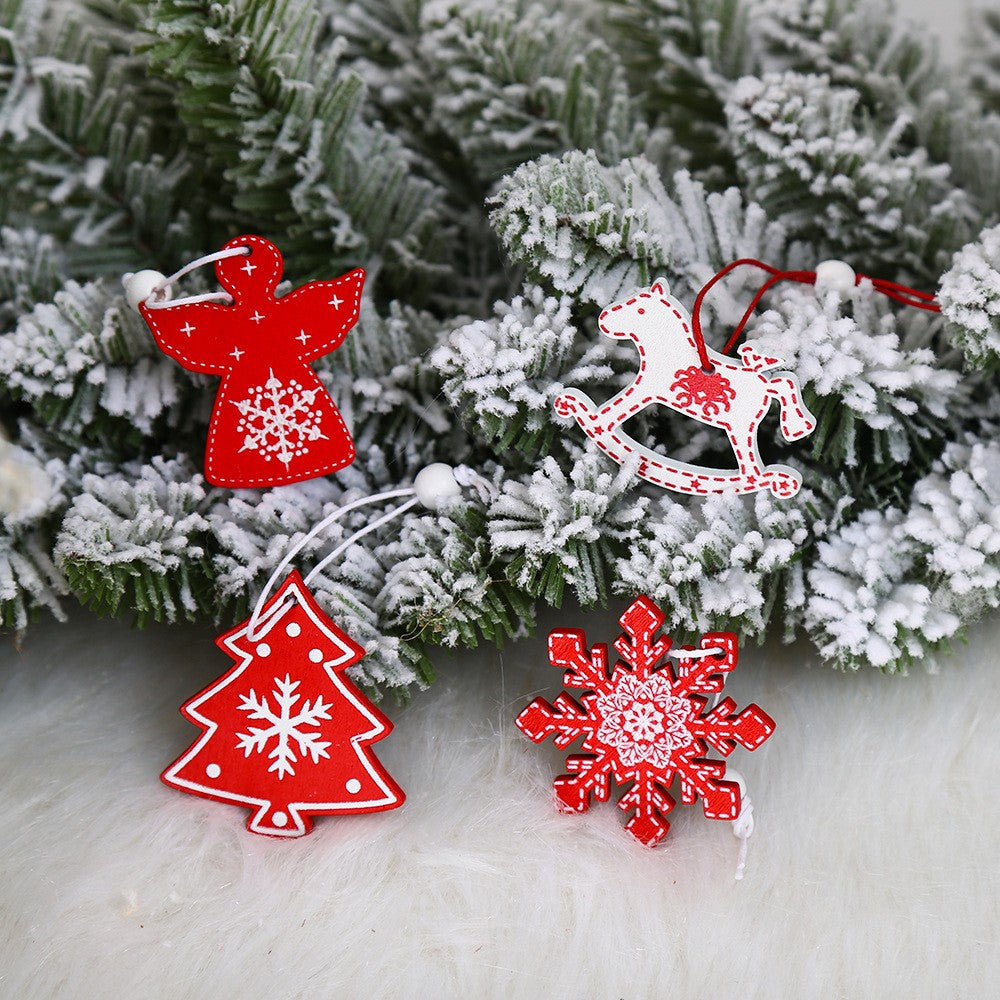 Set 12 Decoratiuni De Craciun Din Lemn, Cu Snur Pentru Agatare In Brad, -Rosu - vivimall.ro