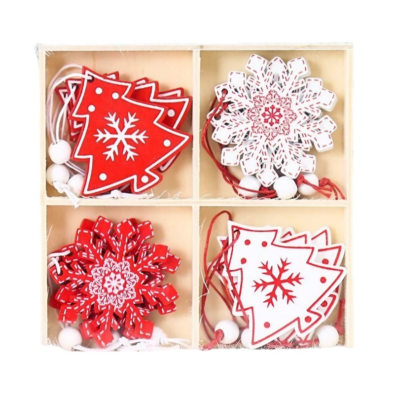 Set 12 Decoratiuni De Craciun Din Lemn, Cu Snur Pentru Agatare In Brad, -Rosu - vivimall.ro