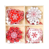 Set 12 Decoratiuni De Craciun Din Lemn, Cu Snur Pentru Agatare In Brad, -Rosu - vivimall.ro
