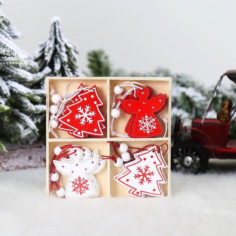 Set 12 Decoratiuni De Craciun Din Lemn, Cu Snur Pentru Agatare In Brad, -Rosu - vivimall.ro