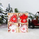 Set 12 Decoratiuni De Craciun Din Lemn, Cu Snur Pentru Agatare In Brad, -Rosu - vivimall.ro