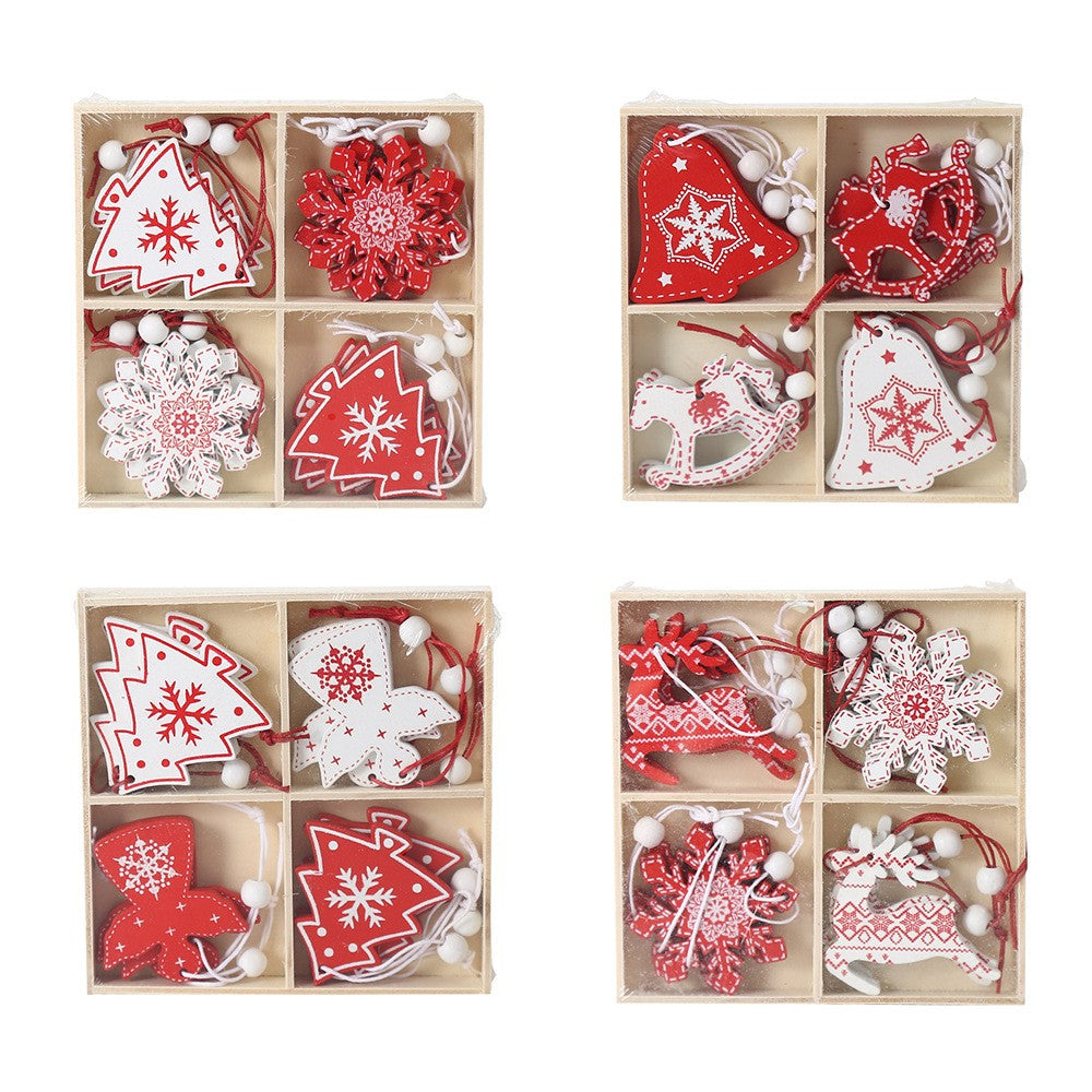 Set 12 Decoratiuni De Craciun Din Lemn, Cu Snur Pentru Agatare In Brad, -Rosu - vivimall.ro