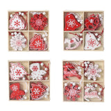 Set 12 Decoratiuni De Craciun Din Lemn, Cu Snur Pentru Agatare In Brad, -Rosu - vivimall.ro
