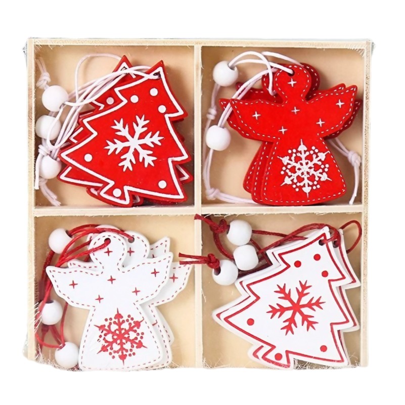 Set 12 Decoratiuni De Craciun Din Lemn, Cu Snur Pentru Agatare In Brad, -Rosu - vivimall.ro