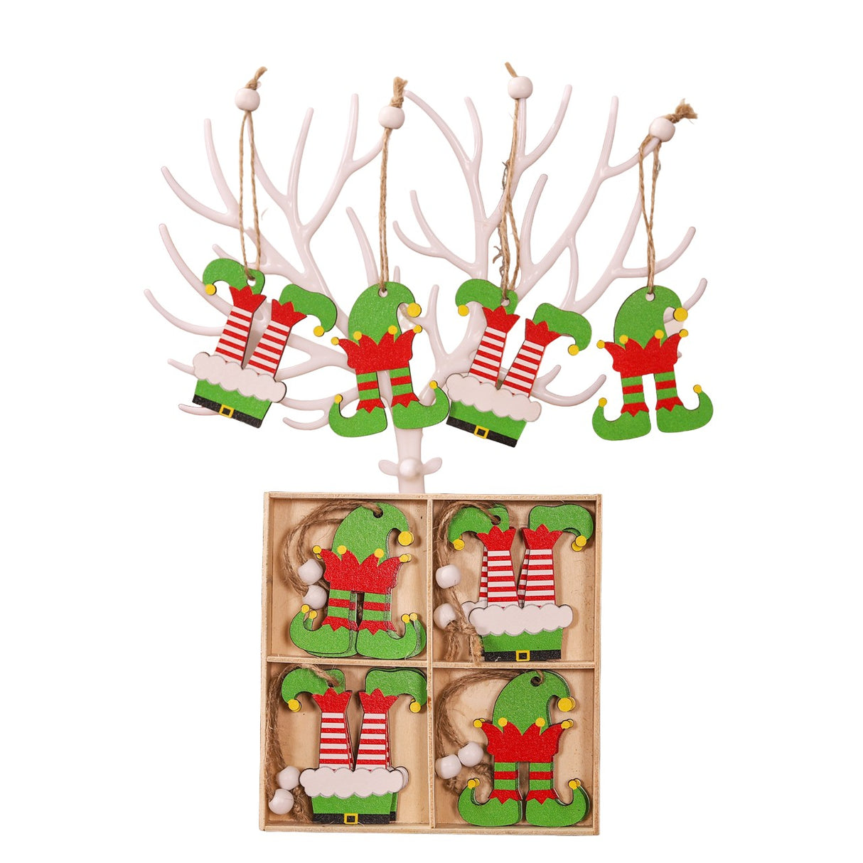 Set 12 Decoratiuni De Craciun Din Lemn, Cu Snur Pentru Agatare In Brad, Model Caciulite Si Pantaloni 6.3X6 Cm