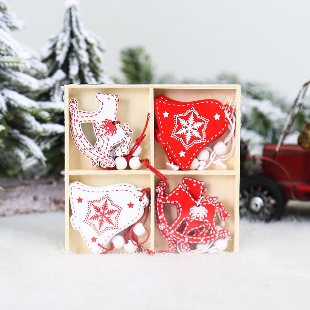 Set 12 Decoratiuni De Craciun Din Lemn, Cu Snur Pentru Agatare In Brad, -Rosu - vivimall.ro