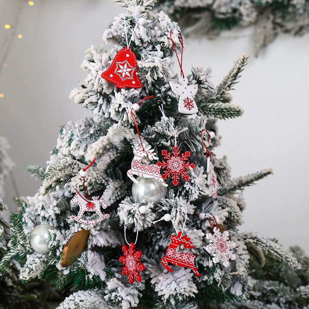 Set 12 Decoratiuni De Craciun Din Lemn, Cu Snur Pentru Agatare In Brad, -Rosu - vivimall.ro
