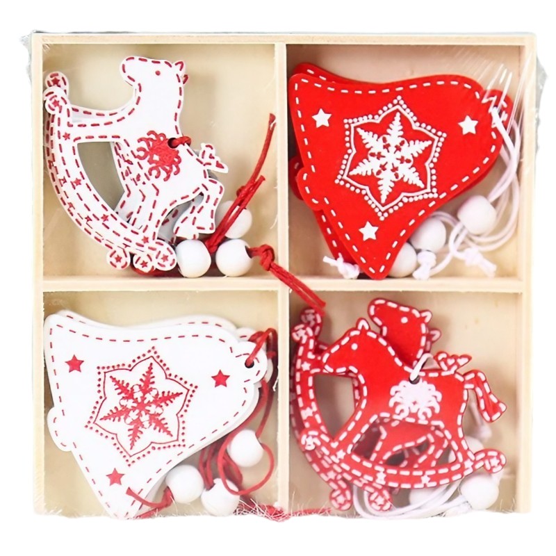 Set 12 Decoratiuni De Craciun Din Lemn, Cu Snur Pentru Agatare In Brad, -Rosu - vivimall.ro