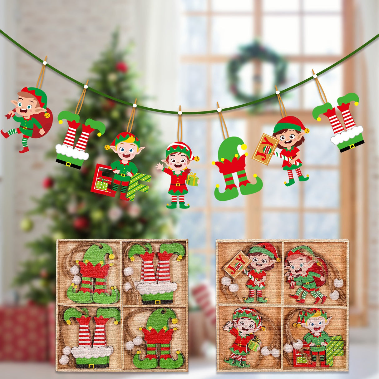Set 12 Decoratiuni De Craciun Din Lemn, Cu Snur Pentru Agatare In Brad, 4 Modele - vivimall.ro