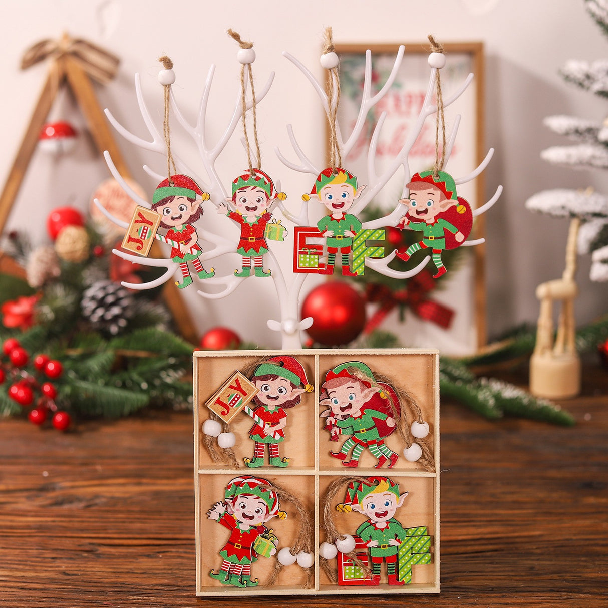 Set 12 Decoratiuni De Craciun Din Lemn, Cu Snur Pentru Agatare In Brad, 4 Modele - vivimall.ro