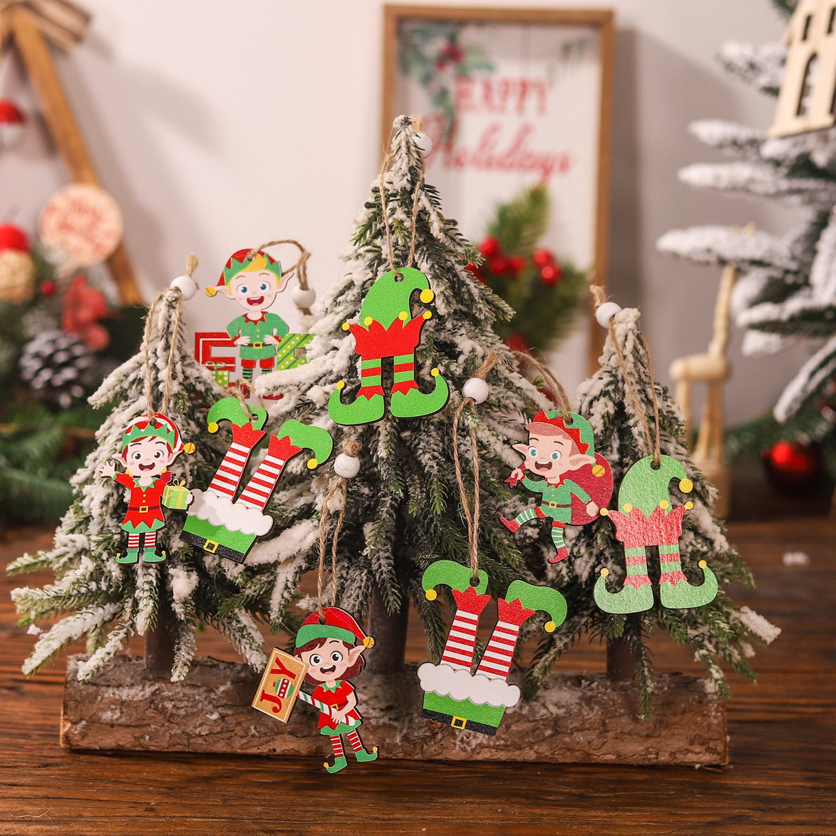 Set 12 Decoratiuni De Craciun Din Lemn, Cu Snur Pentru Agatare In Brad, 4 Modele - vivimall.ro