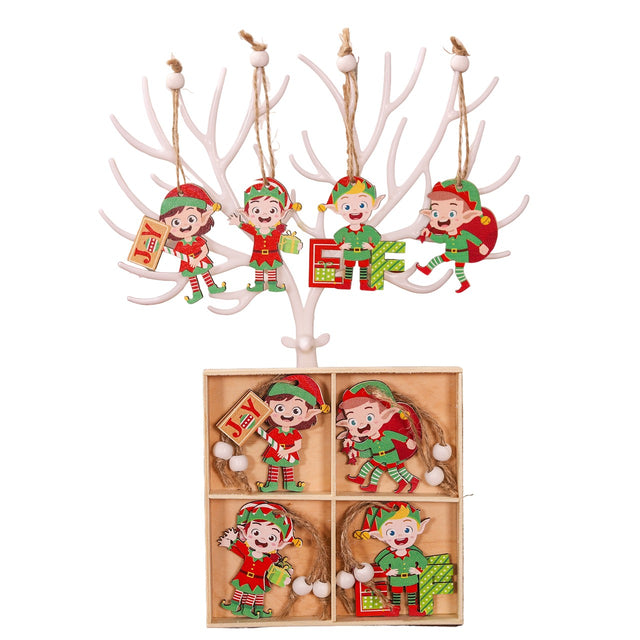 Set 12 Decoratiuni De Craciun Din Lemn, Cu Snur Pentru Agatare In Brad, 4 Modele - vivimall.ro