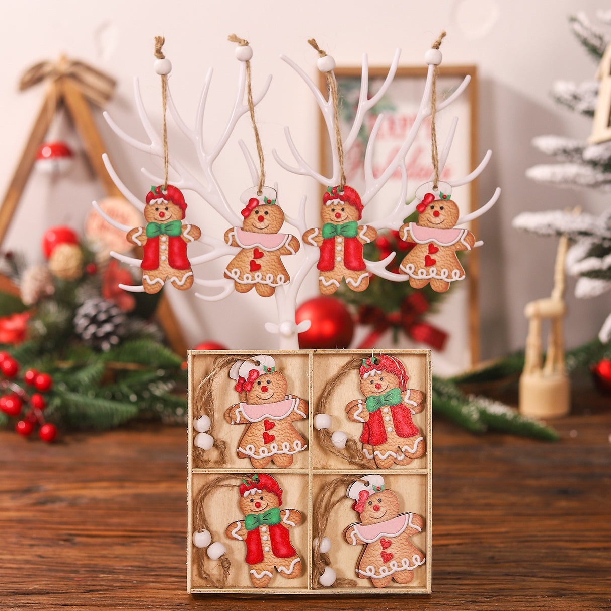 Set 12 Decoratiuni De Craciun Din Lemn, Cu Snur Pentru Agatare In Brad, Dimensiuni Diferite, 2 Modele - vivimall.ro