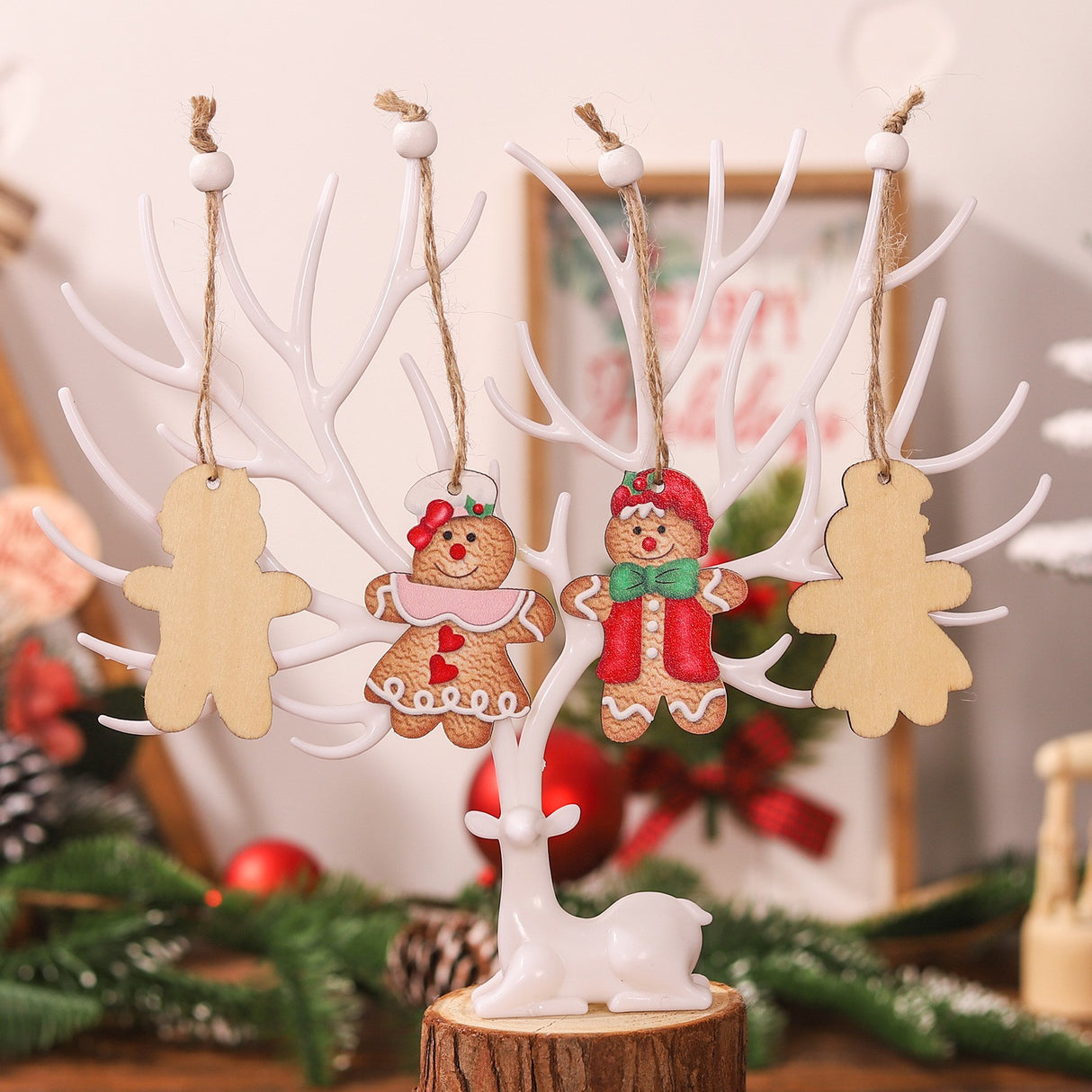 Set 12 Decoratiuni De Craciun Din Lemn, Cu Snur Pentru Agatare In Brad, Dimensiuni Diferite, 2 Modele - vivimall.ro