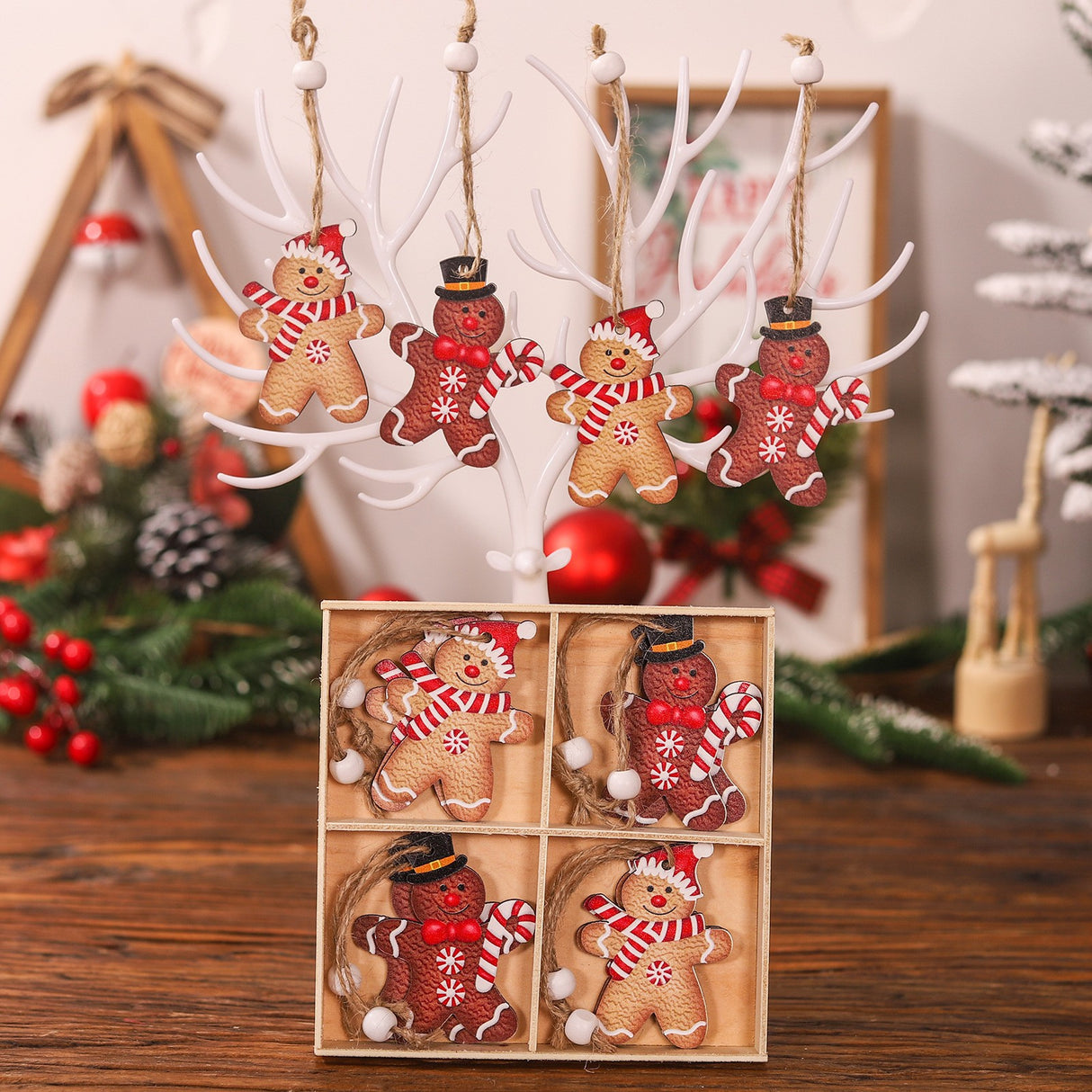 Set 12 Decoratiuni De Craciun Din Lemn, Cu Snur Pentru Agatare In Brad, Dimensiuni Diferite, 2 Modele - vivimall.ro