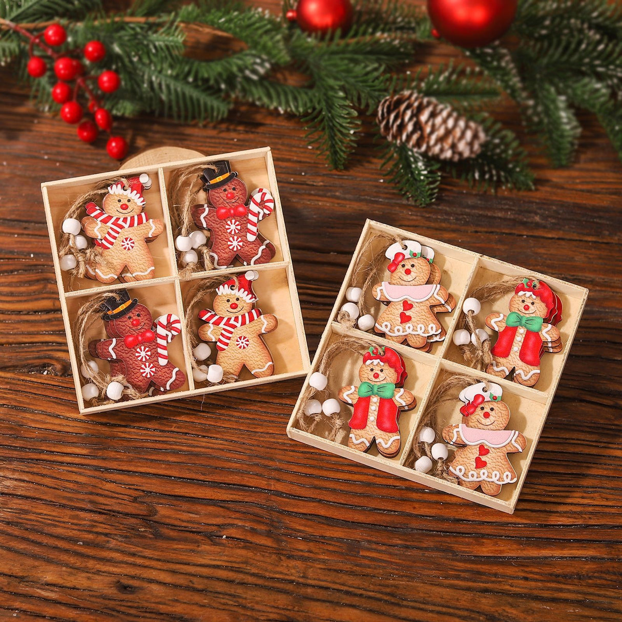 Set 12 Decoratiuni De Craciun Din Lemn, Cu Snur Pentru Agatare In Brad, Dimensiuni Diferite, 2 Modele - vivimall.ro