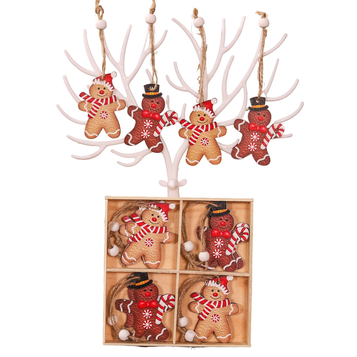 Set 12 Decoratiuni De Craciun Din Lemn, Cu Snur Pentru Agatare In Brad, Dimensiuni Diferite, 2 Modele - vivimall.ro