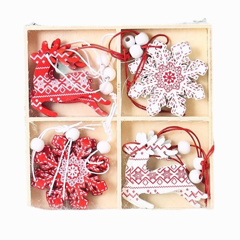 Set 12 Decoratiuni De Craciun Din Lemn, Cu Snur Pentru Agatare In Brad, -Rosu - vivimall.ro