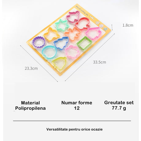 Set 12 forme pentru prajituri Vivimall, material polipropilena, diverse forme, pentru orice ocazie,  adancime 1.6 cm, 23.3 x 33.5 x 1.8 cm, multicolor - vivimall.ro