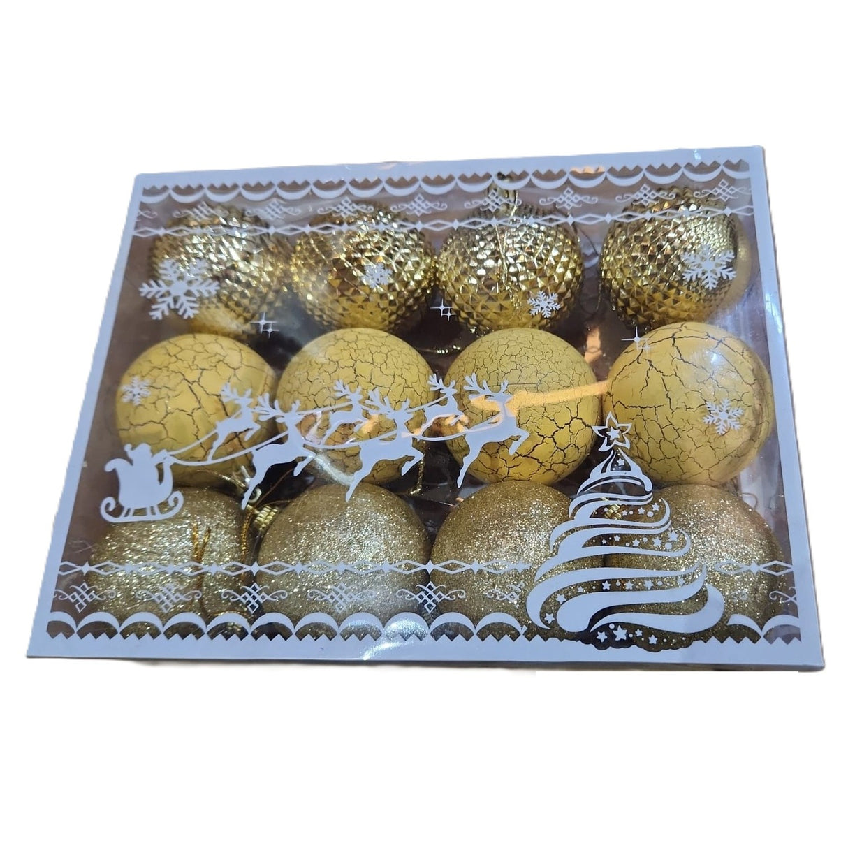 Set 12 Globuri de Craciun, Flippy, pentru Brad, Model cu Glitter, Lucioase si Mate, Auriu
