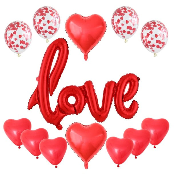 Set 13 Baloane Din Folie Metalizata Si Din Latex, Figurine Litere Si Inima, Tema Ziua Indragostitilor, Baloane Party Cu Confetti, 45 Cm, 30 Cm, Pai Inclus, Umflare Cu Aer Sau Heliu
