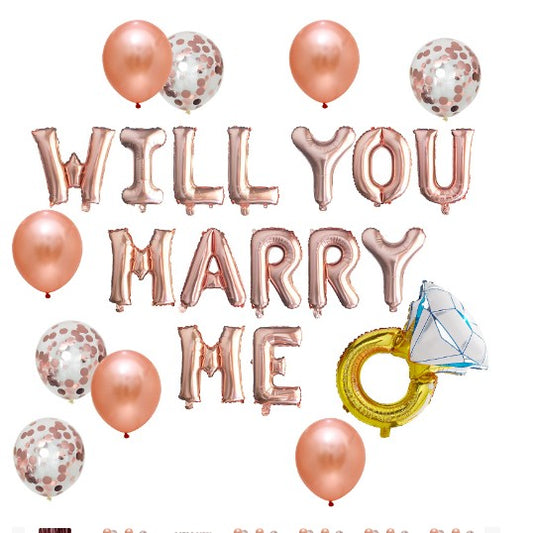 Set Baloane Decorative Will You Marry Me, Set Din 12 Piese, 10 Baloane Latex, 1 Set Marry Me, 1 Balon Folie Inel, Rose Gold - vivimall.ro