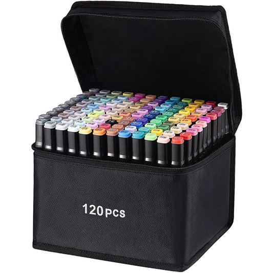 Set 120 Markere Duble, Pe Baza De Alcool, Geanta Impermeabila Inclusa, Culori Numerotate - vivimall.ro