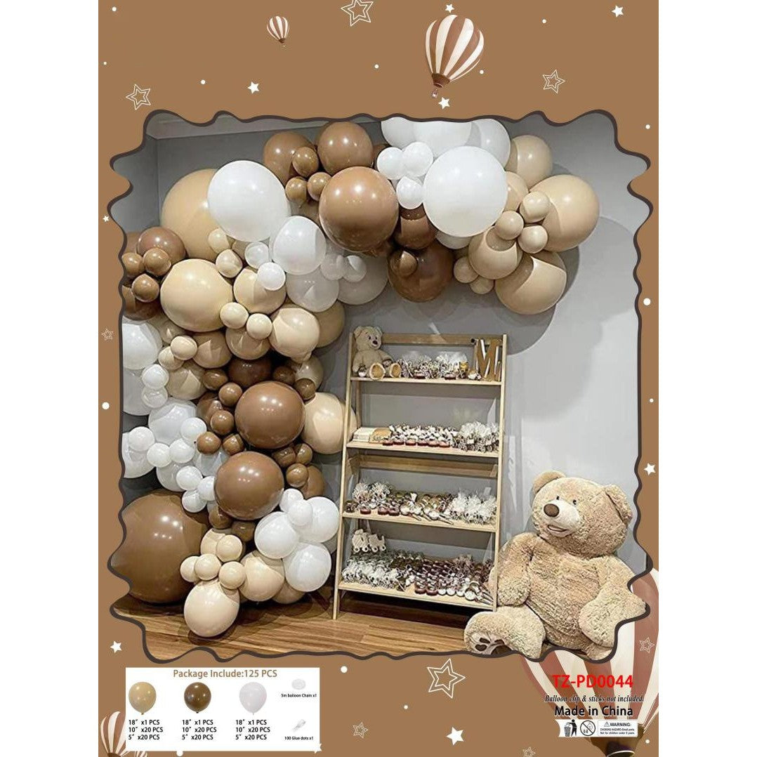 Baloane din Latex pentru Arcada, Vivimall, Set Mix din 125 baloane, Model Petrecere pentru Arcada, Baloane Party, 12 cm, 25 cm, 45 cm, Pai si Adeziv inclus in pachet, Maro, Alb, Bej