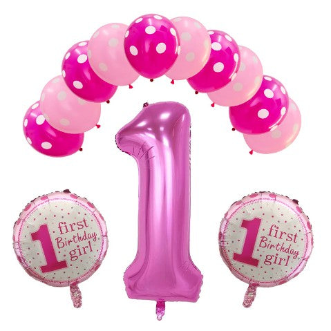 Set 13 baloane, pentru Prima Aniversare, 10 baloane latex, 2 baloane rotunde folie, cifra 1, Roz