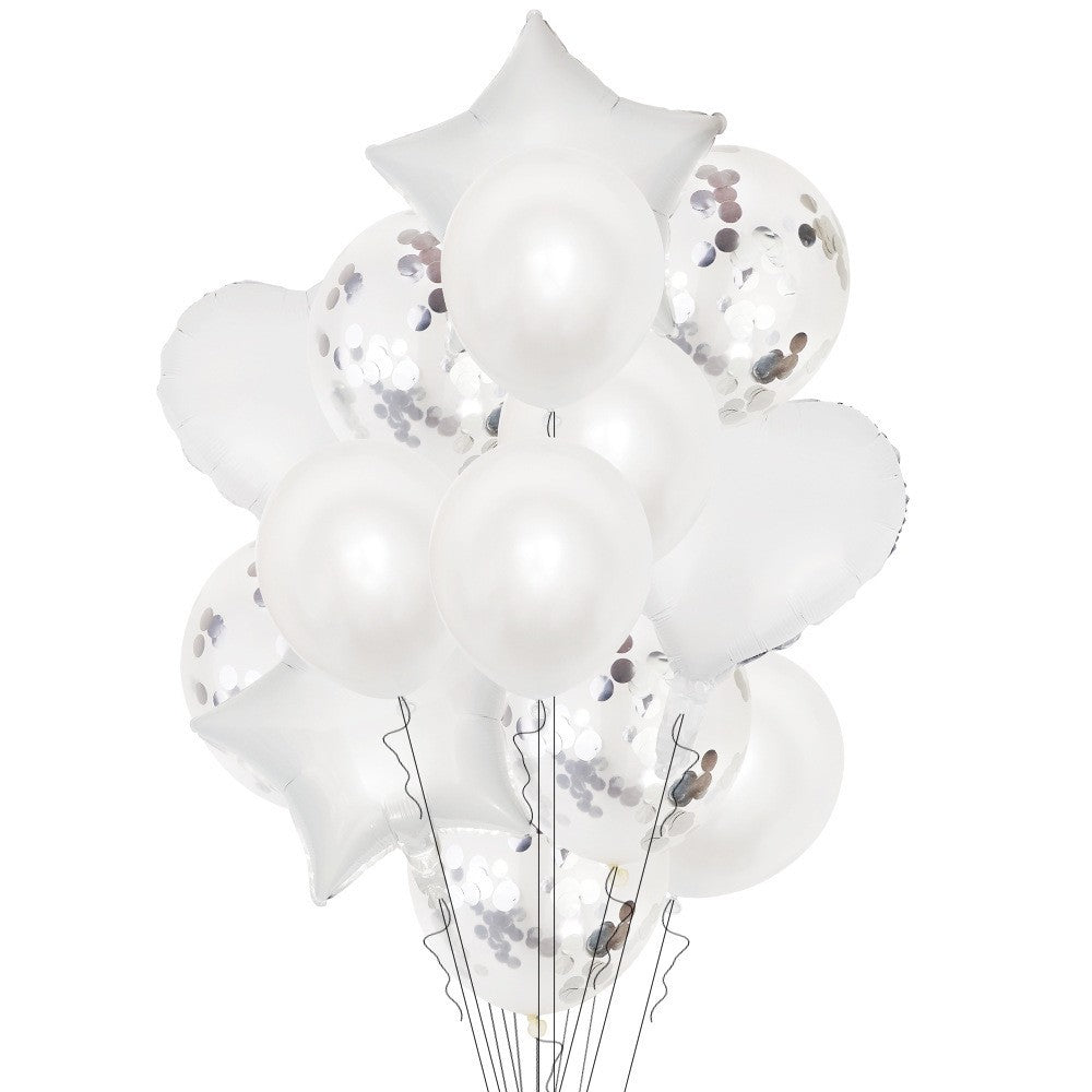 Set 14 Baloane Din Folie Metalizată Si Din Latex, Figurine Stea Si Inima 45 Cm, Baloane Latex 30 Cm, Tema Buchet, Ambalaj Individual, Pai Inclus, Umflare Cu Aer Sau Heliu,