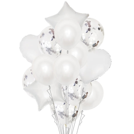 Set 14 Baloane Din Folie Metalizată Si Din Latex, Figurine Stea Si Inima 45 Cm, Baloane Latex 30 Cm, Tema Buchet, Ambalaj Individual, Pai Inclus, Umflare Cu Aer Sau Heliu,