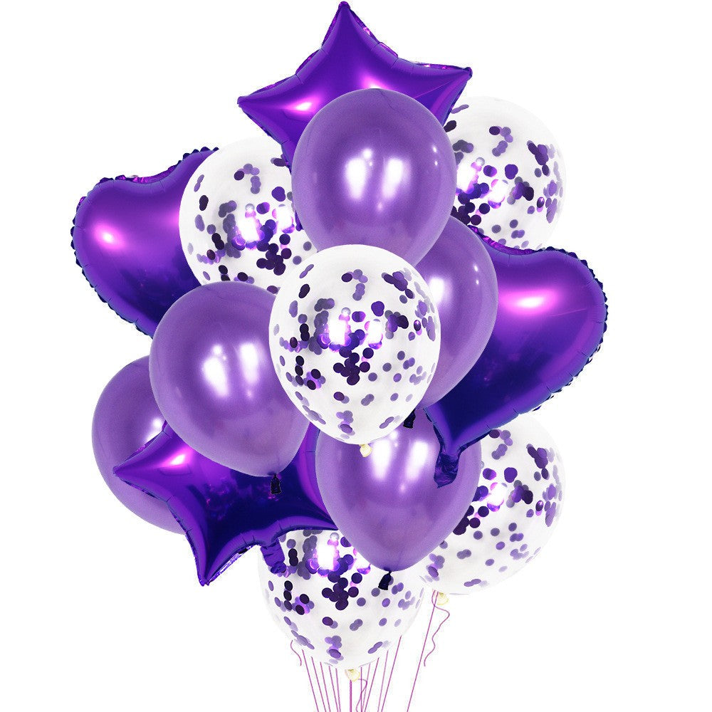 Set 14 Baloane Din Folie Metalizată Si Din Latex, Figurine Stea Si Inima 45 Cm, Baloane Latex 30 Cm, Tema Buchet, Ambalaj Individual, Pai Inclus, Umflare Cu Aer Sau Heliu,
