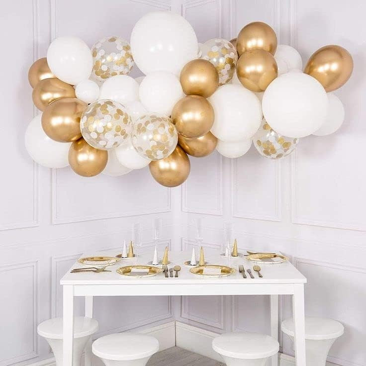 Set 16 Baloane Din Latex, 30 Cm, Alb, Auriu, Confetti, 2.8 G - vivimall.ro