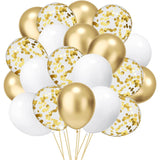 Set 16 Baloane din Latex, Vivimall, Model Party, 30 cm, Alb, Auriu, Transparent Confetti, 2.8 g