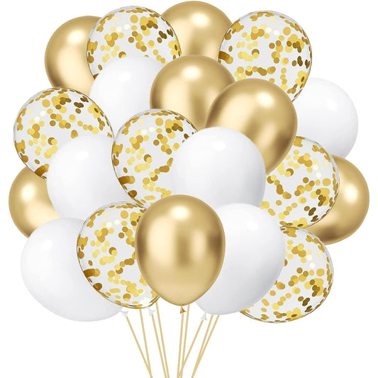 Set 16 Baloane din Latex, Vivimall, Model Party, 30 cm, Alb, Auriu, Transparent Confetti, 2.8 g