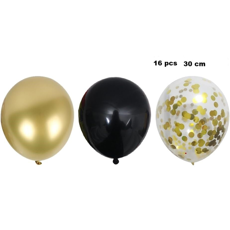 Set 16 Baloane din Latex, Vivimall, Model Party, 30 cm, Auriu, Negru, Confetti, 2.8 g