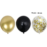 Set 16 Baloane din Latex, Vivimall, Model Party, 30 cm, Auriu, Negru, Confetti, 2.8 g